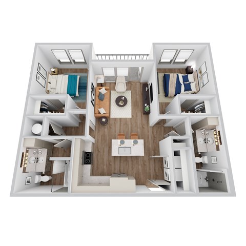 A 3D rendering of B2 floor plan at Era apartments in Denton, TX